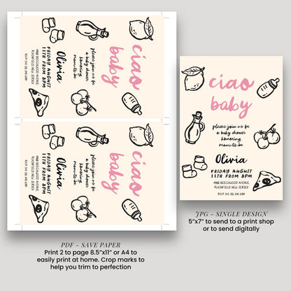 a baby shower invitation design featuring various baby-related items such as bottles, apples, and a baby bottle. The invitation is printed on a beige background and includes text and illustrations related to a baby shower.