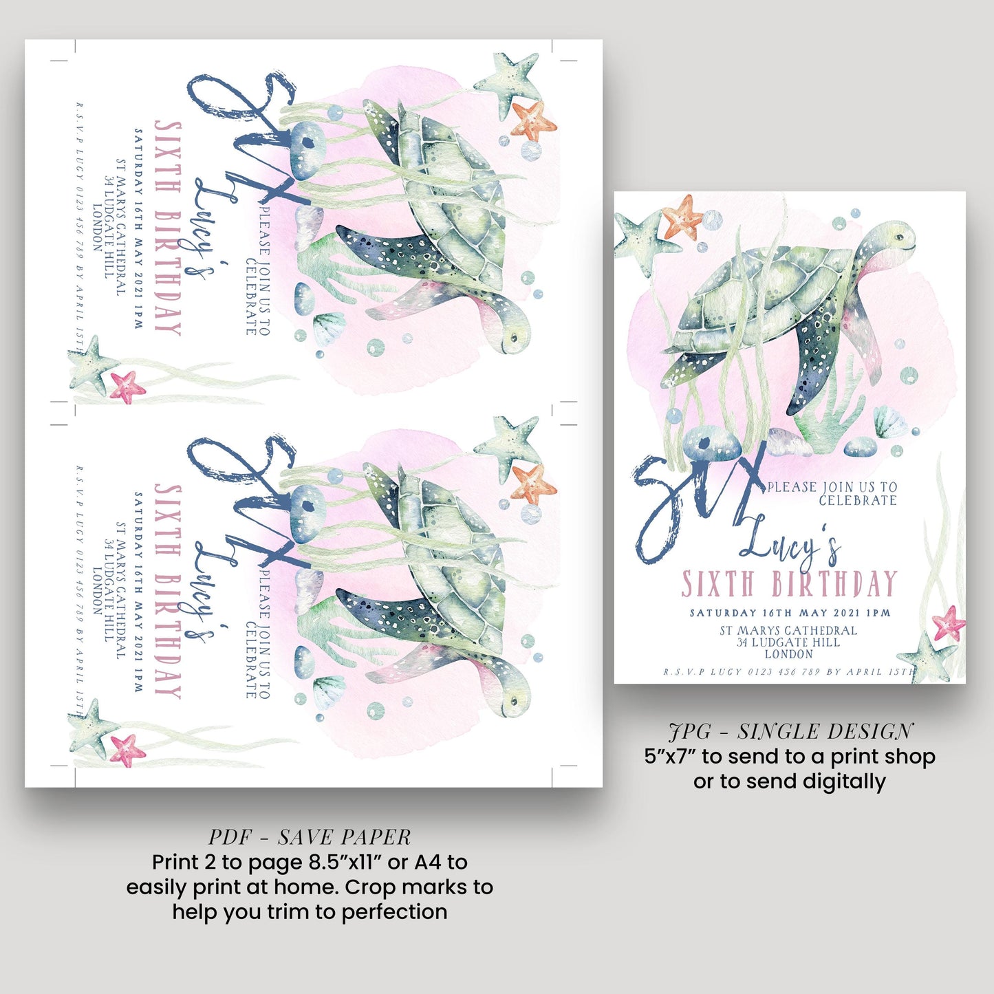 The image is a birthday invitation for a child's sixth birthday, featuring a watercolor illustration of a turtle and starfish.