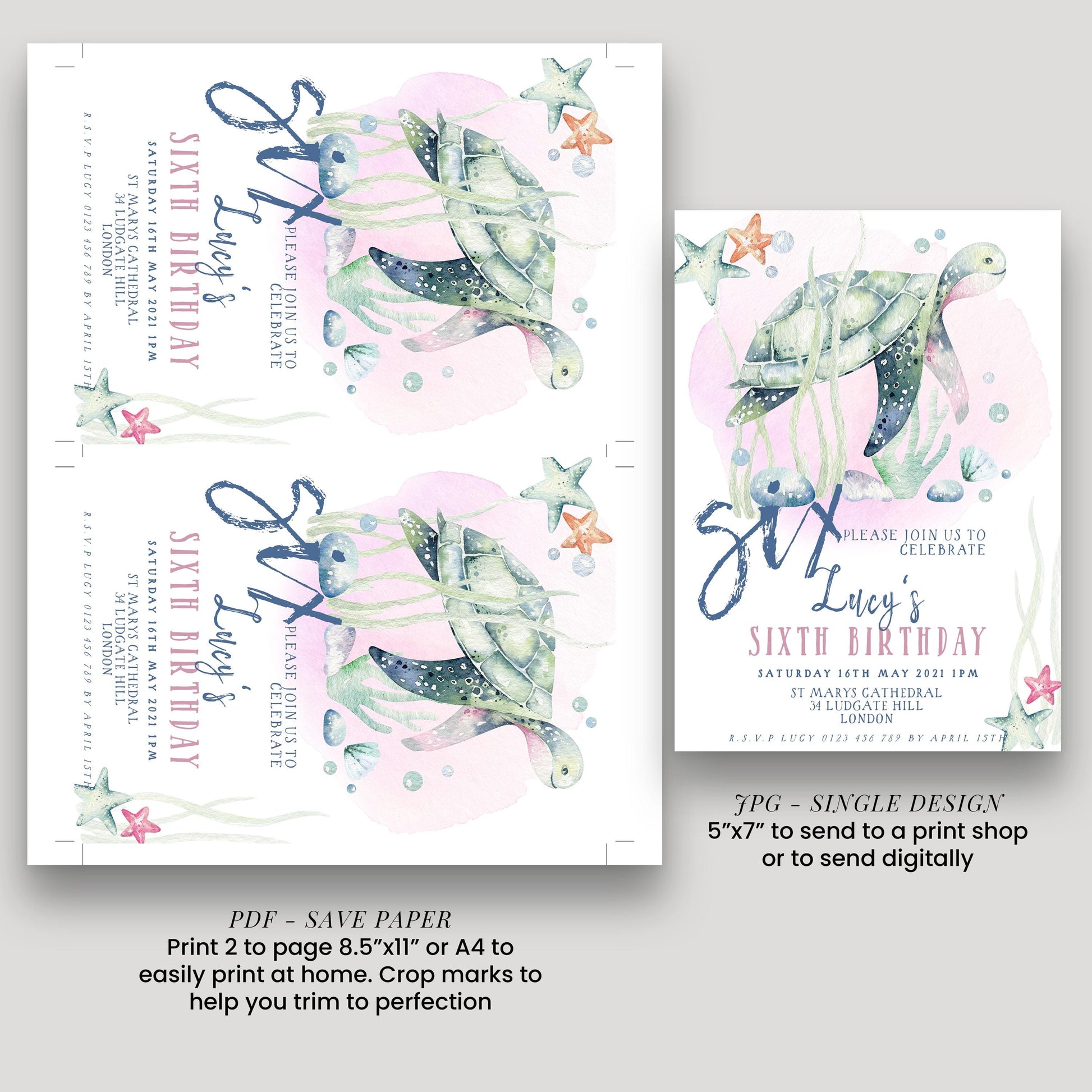 The image is a birthday invitation for a child's sixth birthday, featuring a watercolor illustration of a turtle and starfish.
