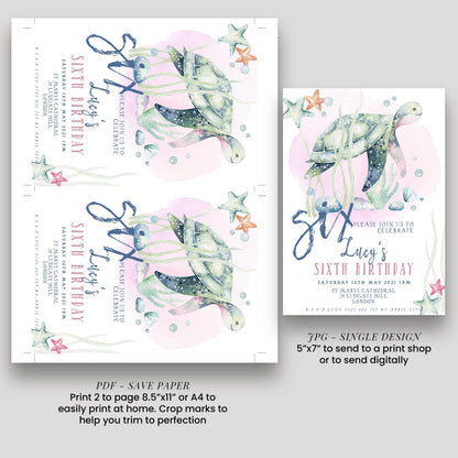 The image is a birthday invitation for a child's sixth birthday, featuring a watercolor illustration of a turtle and starfish.