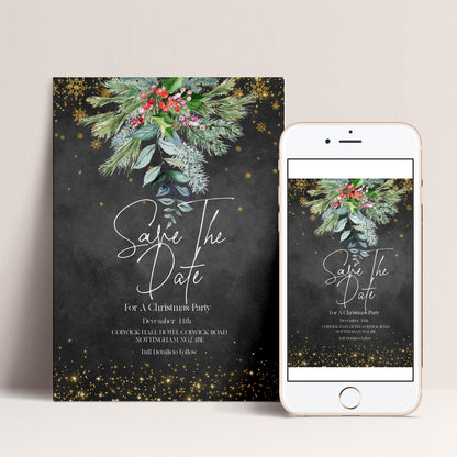 The image is a digital wedding invitation featuring a black background with a festive floral design and gold glitter accents. The text on the invitation announces a Christmas party for a couple and provides details about the event, including the date, time, location, and RSVP instructions.