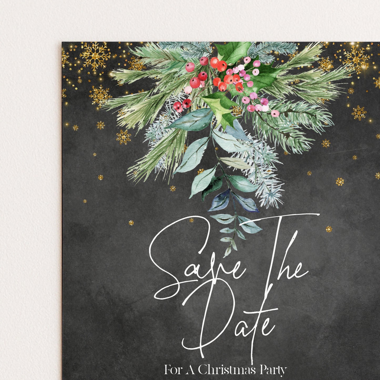 A black and white image with a floral arrangement and snowflakes on a dark background. The text "Save the Date" is written in cursive, and the phrase "For a Christmas Party" is written below the floral design.