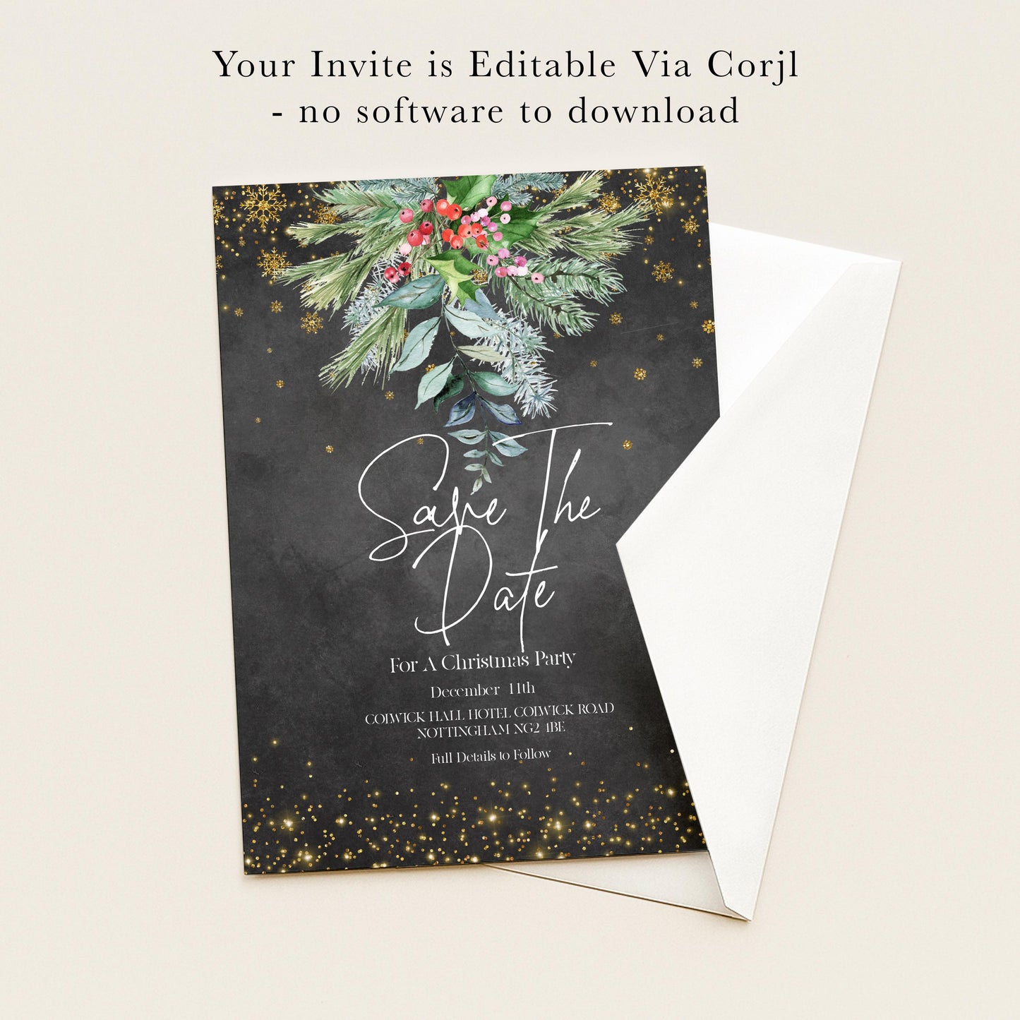 The image is a black and white invitation card for a Christmas party.