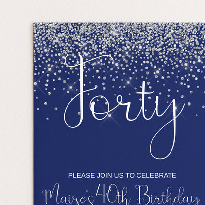 The image is a birthday invitation for Maize's 40th birthday, with a blue background and silver glitter. The text invites guests to join the celebration.