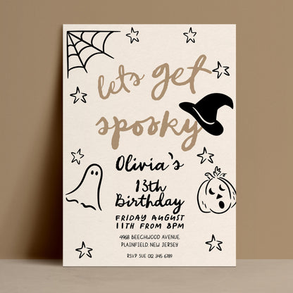 The image is a Halloween-themed birthday invitation for a girl named Olivia, celebrating her 13th birthday on Friday, August 11th, from 8 PM.