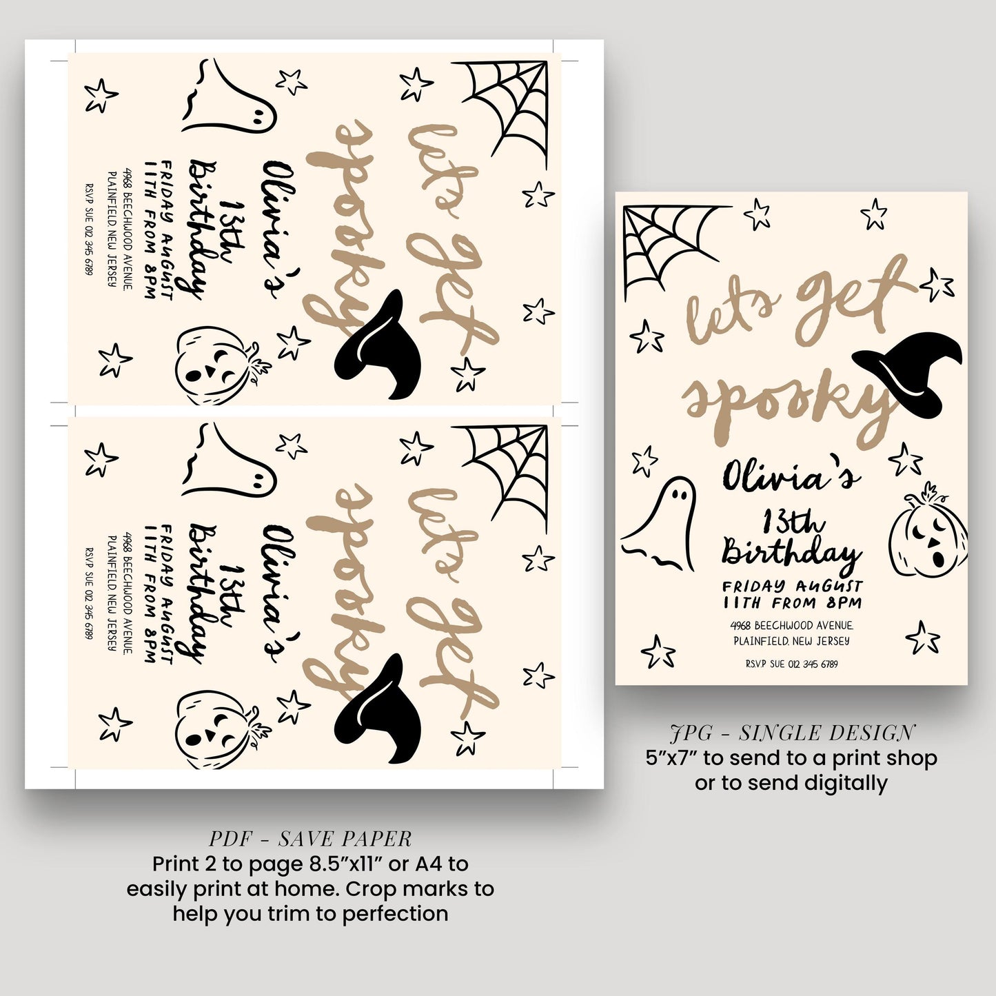 a Halloween-themed invitation for a birthday party, featuring a ghost, spider web, and stars. The invitation is designed to be printed on paper or sent digitally, and it includes details about the party, such as the date, time, location, and RSVP information.