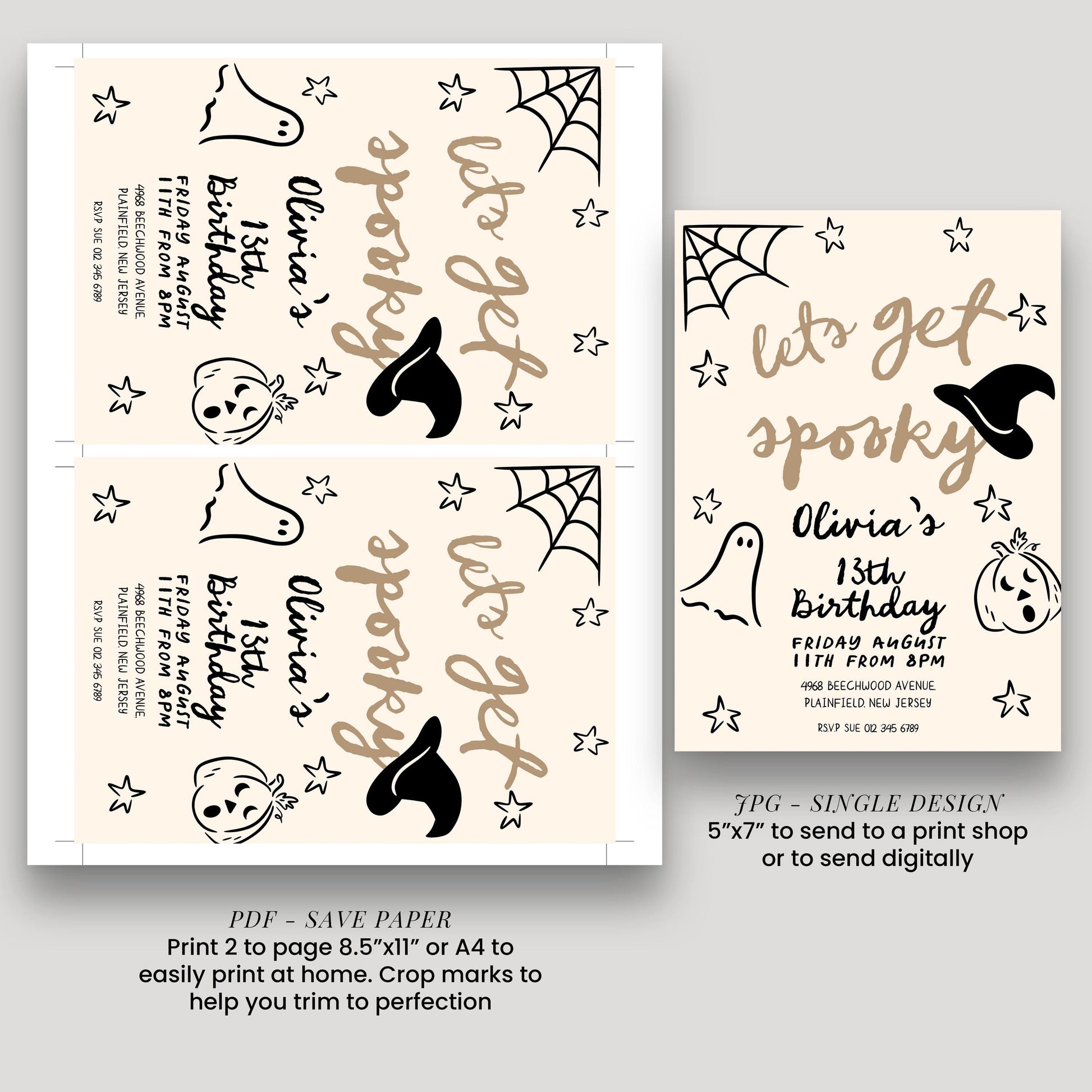 a Halloween-themed invitation for a birthday party, featuring a ghost, spider web, and stars. The invitation is designed to be printed on paper or sent digitally, and it includes details about the party, such as the date, time, location, and RSVP information.