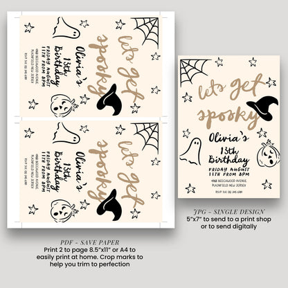 a Halloween-themed invitation for a birthday party, featuring a ghost, spider web, and stars. The invitation is designed to be printed on paper or sent digitally, and it includes details about the party, such as the date, time, location, and RSVP information.
