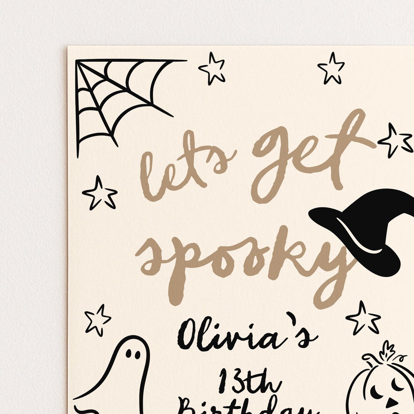The image is a birthday invitation for a girl named Olivia, celebrating her 13th birthday. The invitation features a Halloween theme with a spider web, stars, and a witch's hat.