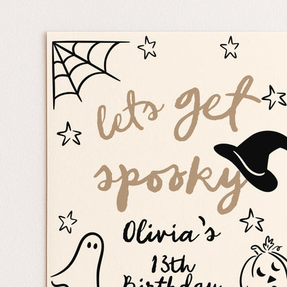 The image is a birthday invitation for a girl named Olivia, celebrating her 13th birthday. The invitation features a Halloween theme with a spider web, stars, and a witch's hat.