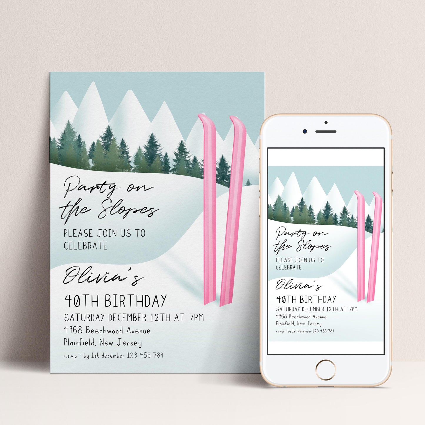 The image is a birthday party invitation for a girl named Olivia, celebrating her 40th birthday. The invitation features a winter landscape with snow-covered mountains and trees, along with pink skis. The invitation is designed for a party on the slopes and includes details about the event, such as the date, time, location, and RSVP information.