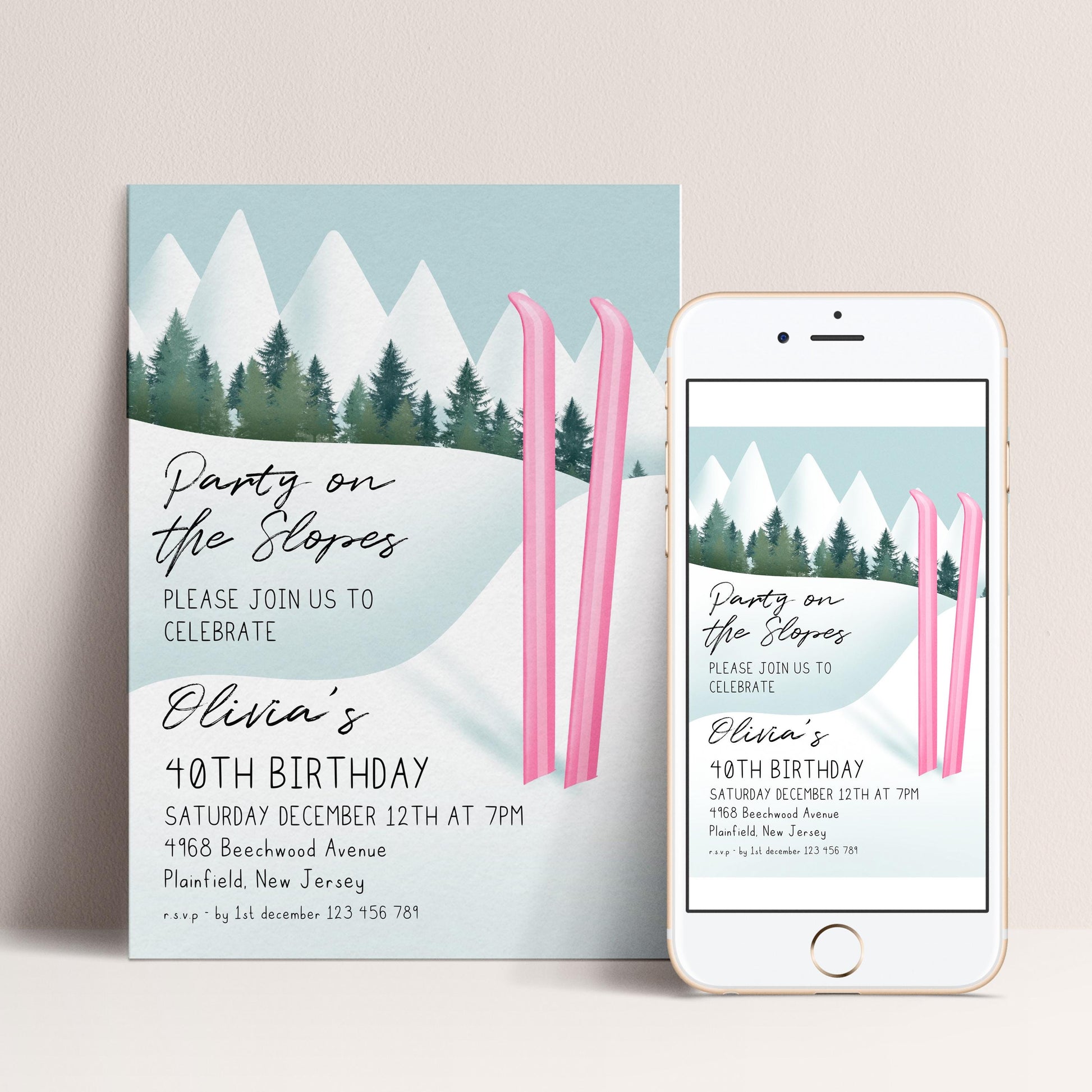 The image is a birthday party invitation for a girl named Olivia, celebrating her 40th birthday. The invitation features a winter landscape with snow-covered mountains and trees, along with pink skis. The invitation is designed for a party on the slopes and includes details about the event, such as the date, time, location, and RSVP information.