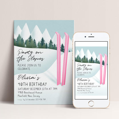 The image is a birthday party invitation for a girl named Olivia, celebrating her 40th birthday. The invitation features a winter landscape with snow-covered mountains and trees, along with pink skis. The invitation is designed for a party on the slopes and includes details about the event, such as the date, time, location, and RSVP information.