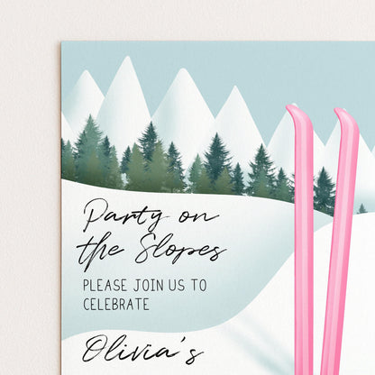 A party invitation with a winter landscape and pink skis, inviting guests to a celebration.