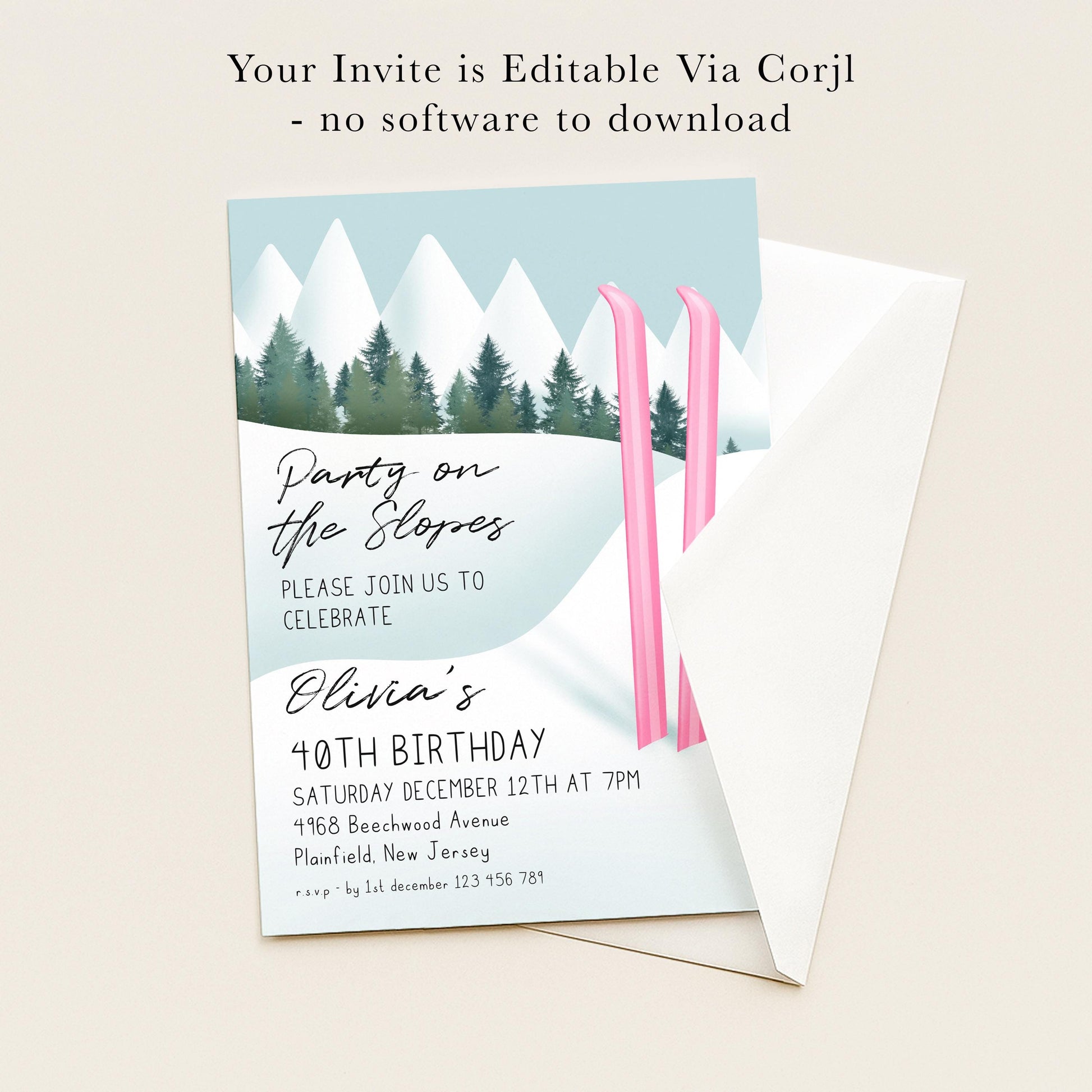 The image is a birthday party invitation for a girl named Olivia, celebrating her 40th birthday. The invitation features a winter landscape with snow-covered mountains and pine trees, along with pink skis. The invitation is for a party on the slopes and invites guests to join in the celebration.