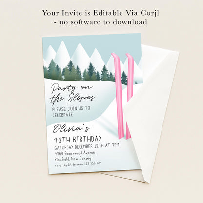 The image is a birthday party invitation for a girl named Olivia, celebrating her 40th birthday. The invitation features a winter landscape with snow-covered mountains and pine trees, along with pink skis. The invitation is for a party on the slopes and invites guests to join in the celebration.