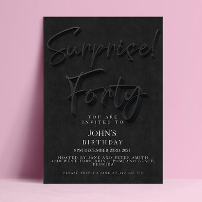 The image is a birthday invitation for John's 40th party.
