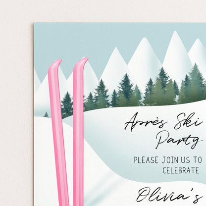 The image is a pink ski party invitation featuring a snowy mountain landscape with two pink skis and the text "Ares Ski Party Please join us to celebrate Olivia's".