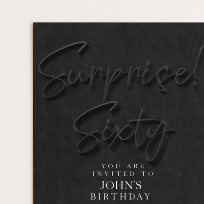 The image is a birthday invitation card with the text "Surprise! You are invited to John's birthday" prominently displayed.