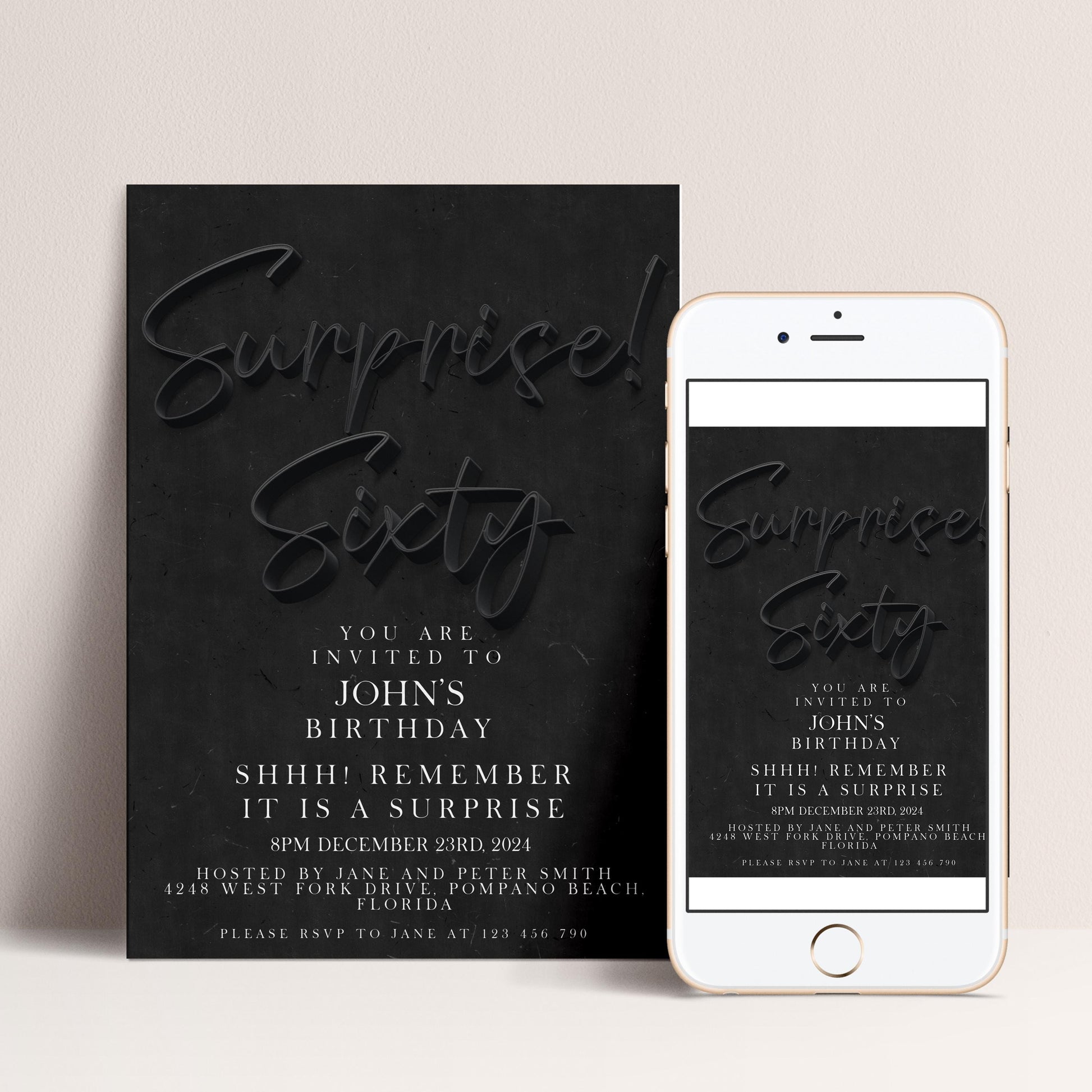 a black invitation card and a white smartphone displaying the same invitation.