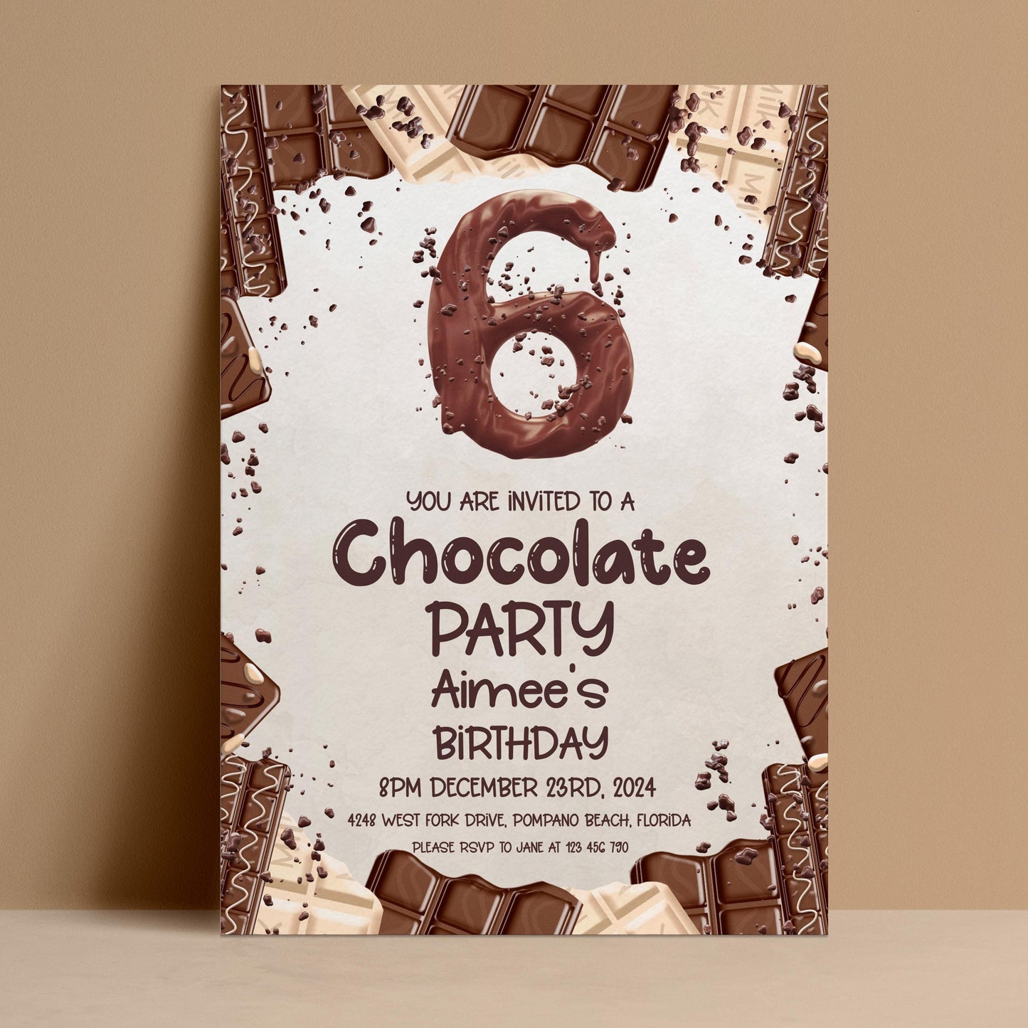 The image is a birthday party invitation for a 6-year-old named Aimee, celebrating her birthday on December 23rd, 2034. The invitation features chocolate bars and other chocolate-themed elements, creating a festive and fun atmosphere for the party.