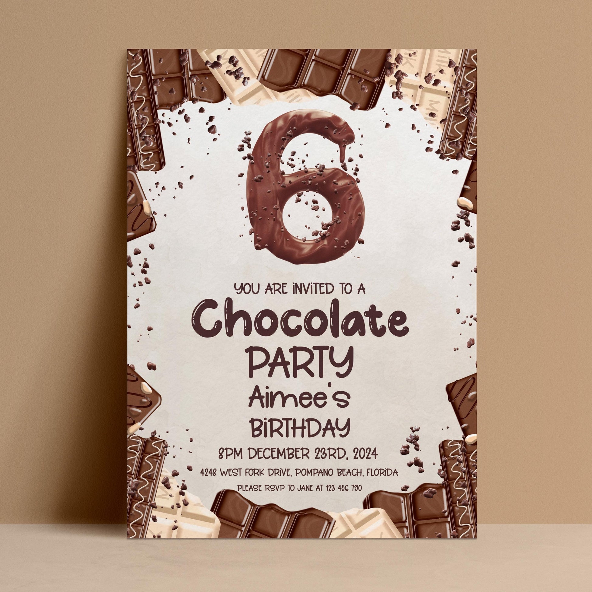 The image is a birthday party invitation for a 6-year-old named Aimee, celebrating her birthday on December 23rd, 2034. The invitation features chocolate bars and other chocolate-themed elements, creating a festive and fun atmosphere for the party.