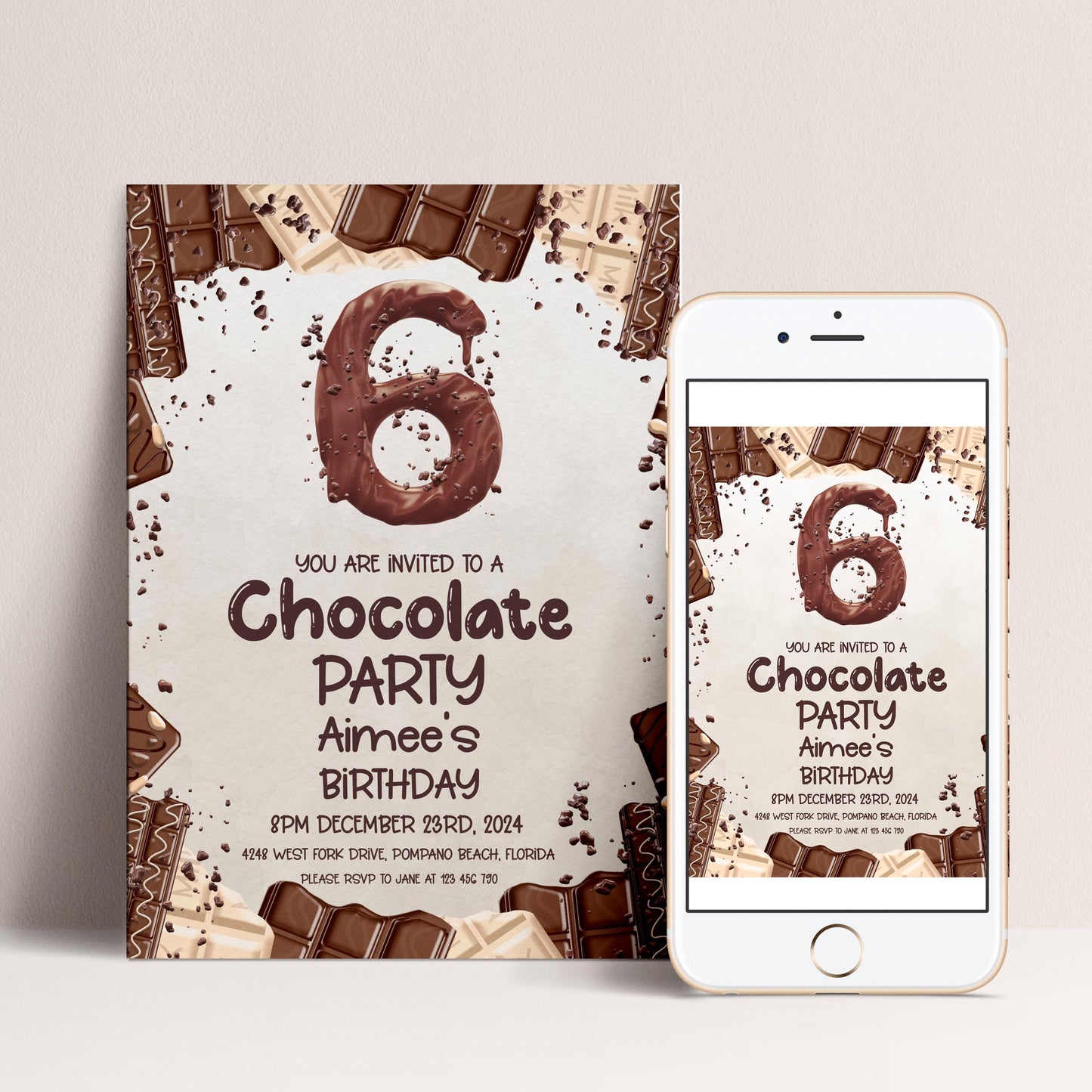 The image is a birthday invitation for a chocolate party, featuring a large number 6 surrounded by chocolate bars and other chocolate-related elements.