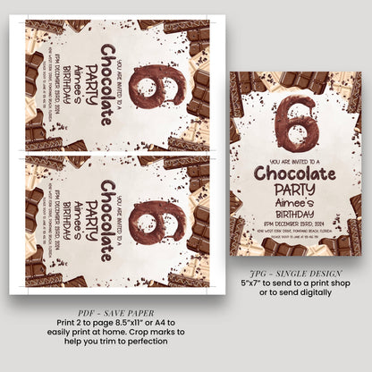 The image is a birthday invitation for a chocolate party, featuring a chocolate theme with chocolate pieces scattered around the design.