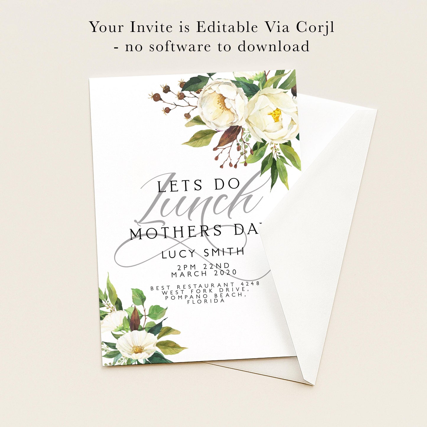 The image is a floral invitation card for a lunch event, with a white background and a floral design.