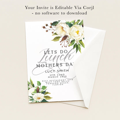 The image is a floral invitation card for a lunch event, with a white background and a floral design.