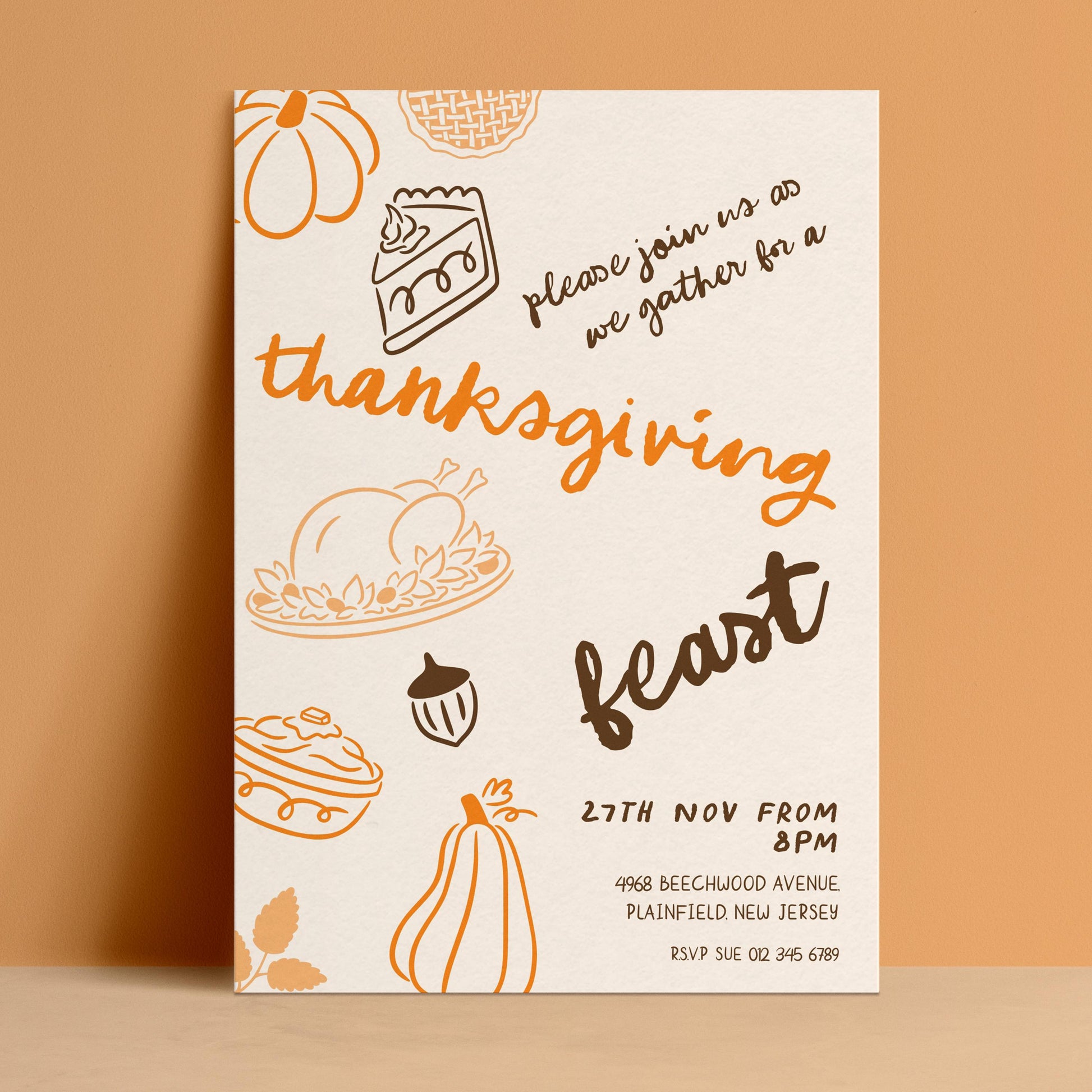 The image is a Thanksgiving feast invitation card with various fall-themed illustrations and text.