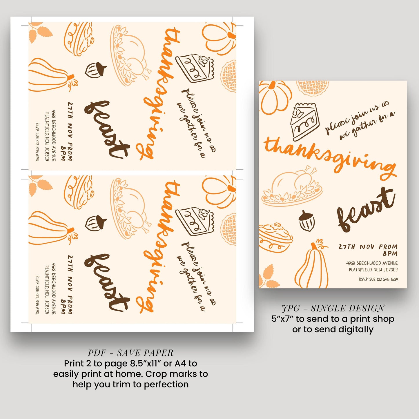 The image is a collage of two Thanksgiving-themed designs, including a printed page and a digital version. The printed page features a Thanksgiving feast design with various elements such as pumpkins, pies, and other fall-themed illustrations. The digital version is a single design that includes a Thanksgiving invitation with a pumpkin and pie illustration. The image is described as a collage of multiple images, and it is advised to avoid redundancy and vague wording.