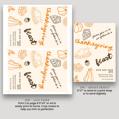 The image is a collage of two Thanksgiving-themed designs, including a printed page and a digital version. The printed page features a Thanksgiving feast design with various elements such as pumpkins, pies, and other fall-themed illustrations. The digital version is a single design that includes a Thanksgiving invitation with a pumpkin and pie illustration. The image is described as a collage of multiple images, and it is advised to avoid redundancy and vague wording.