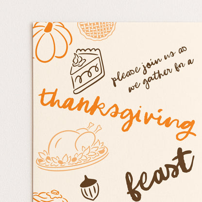 The image is a Thanksgiving-themed invitation card with various fall-themed illustrations, including a pumpkin, pie, and other seasonal elements. The text on the card invites guests to join for a feast, and the overall layout and design suggest a festive and celebratory atmosphere.