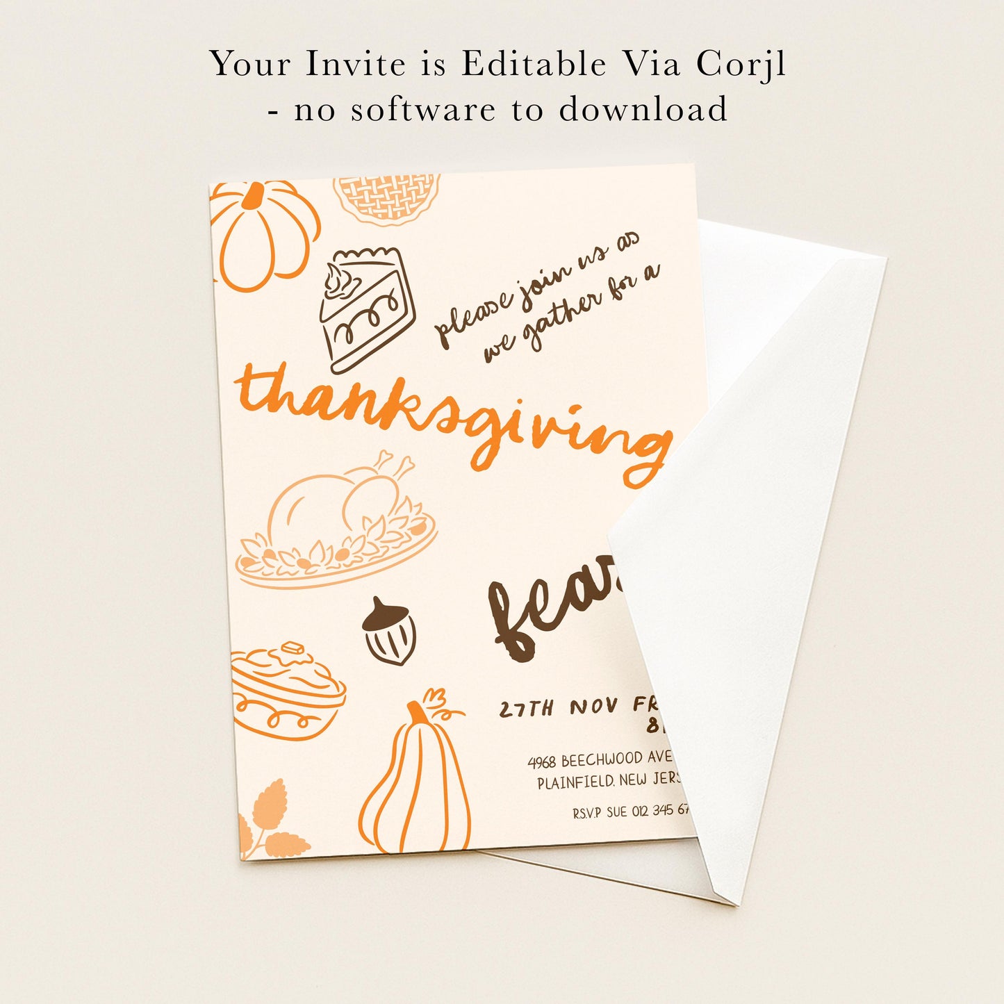The image is a Thanksgiving invitation card with various fall-themed illustrations and text.