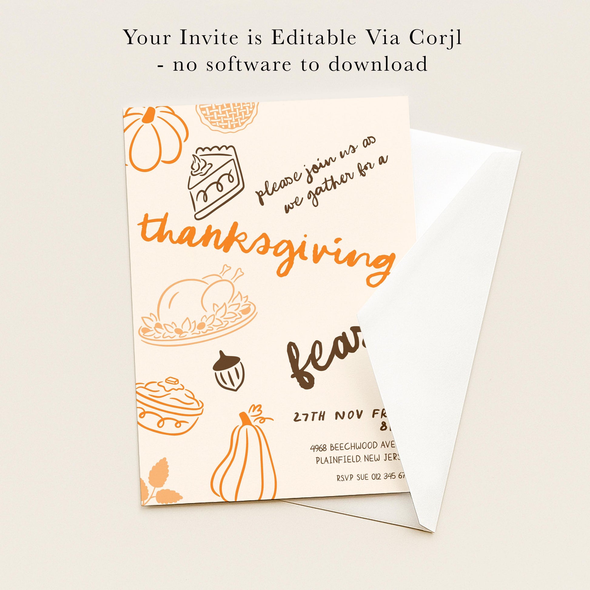The image is a Thanksgiving invitation card with various fall-themed illustrations and text.