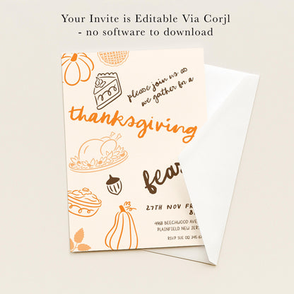 The image is a Thanksgiving invitation card with various fall-themed illustrations and text.