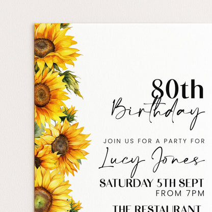 The image is a birthday invitation for a party for Lucy Jones, with a focus on sunflowers.