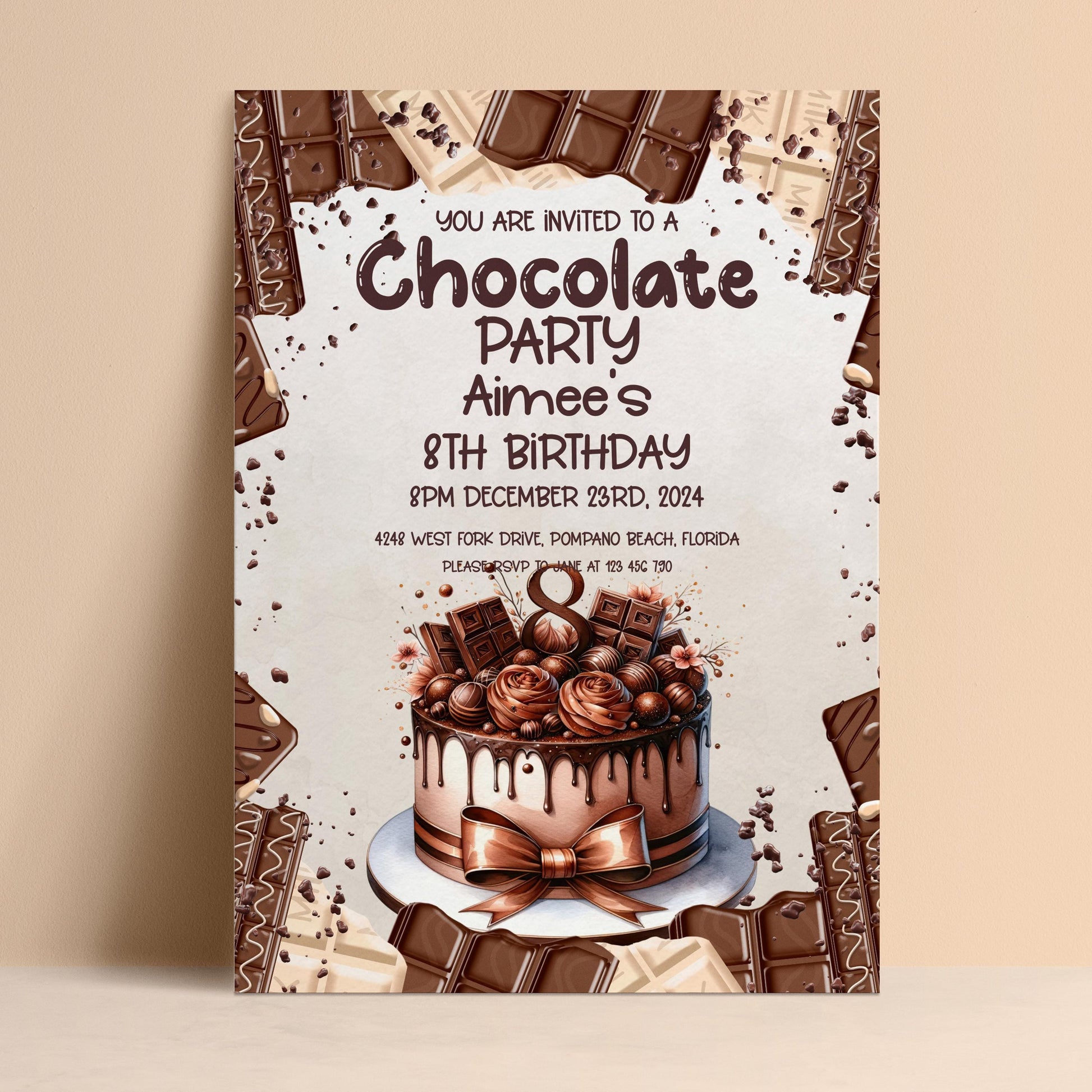 The image is a birthday party invitation for a chocolate-themed party.