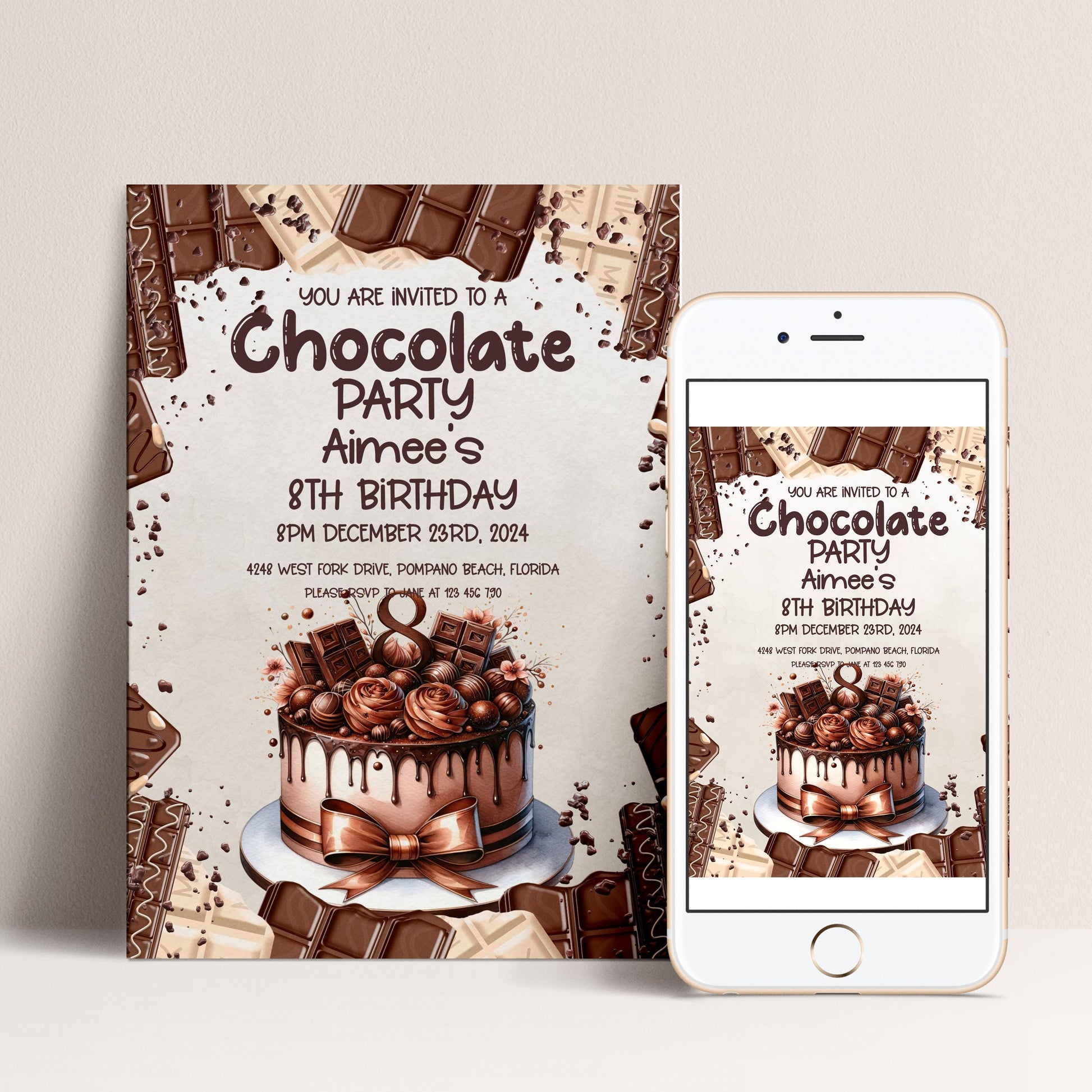 The image is a birthday invitation for a chocolate party, featuring a cake and chocolate decorations.