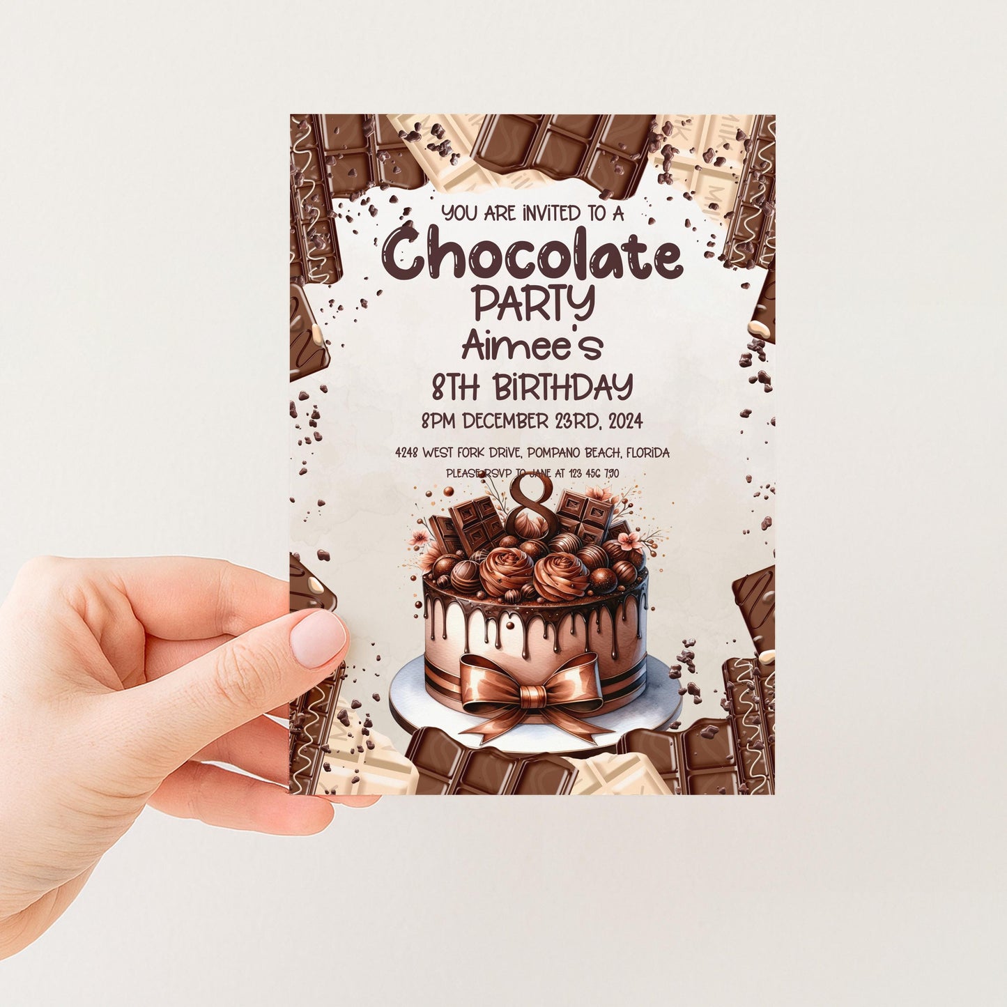 The image is a birthday party invitation for a chocolate-themed party.