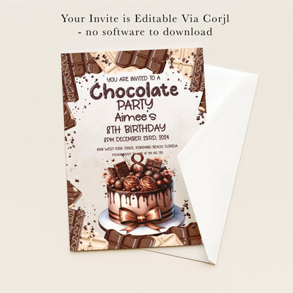 The image is a birthday party invitation for a chocolate-themed party.
