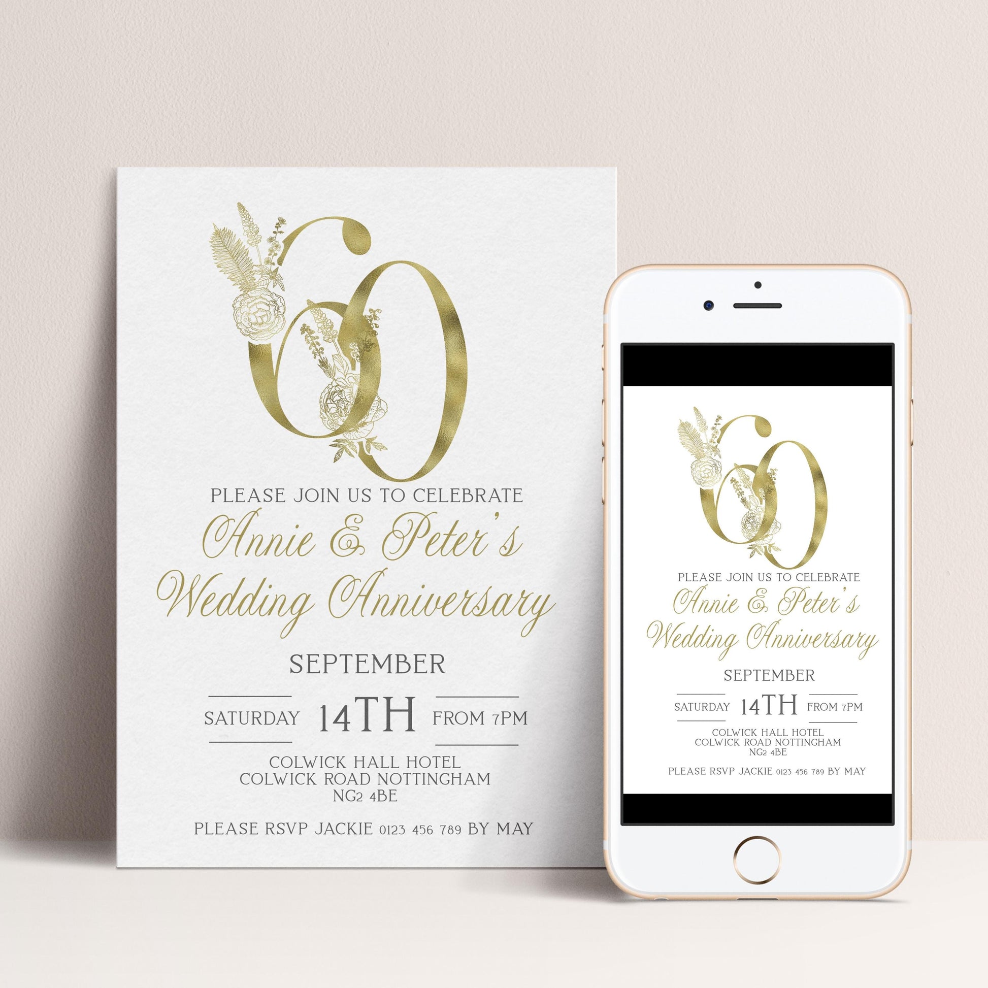 a wedding anniversary invitation for Annie and Peter's 60th wedding anniversary. The invitation is for a special event on Saturday, 14th from 7 PM to 9 PM at the Colwick Hall Hotel in Newport, Rhode Island. The invitation also includes a mobile phone image displaying the same event details.