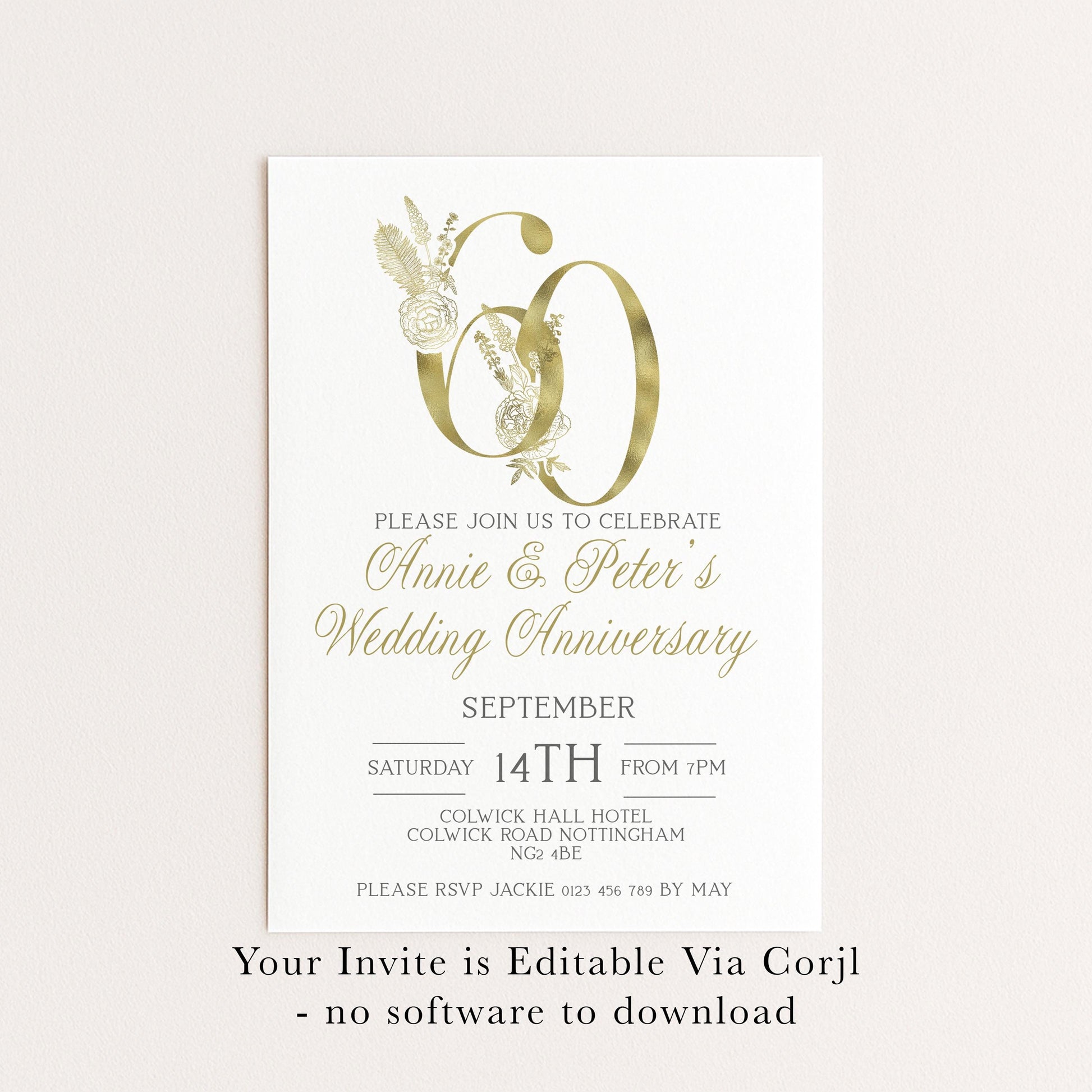 The image is a wedding anniversary invitation for Annie and Peter, celebrating their 60th wedding anniversary. The invitation is for a Saturday, 14th from 7 PM at the Colworth Hall Hotel in Colwich Road, Nottingham, and invites guests to attend the event. The invitation is editable via a software called Corjl, and guests are requested to download the software before printing the invitation.