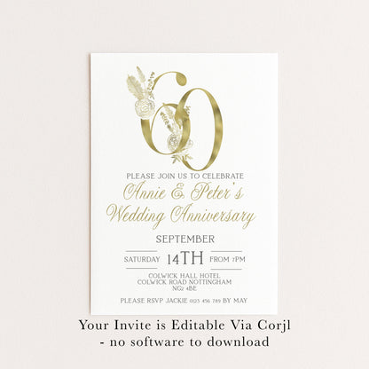 The image is a wedding anniversary invitation for Annie and Peter, celebrating their 60th wedding anniversary. The invitation is for a Saturday, 14th from 7 PM at the Colworth Hall Hotel in Colwich Road, Nottingham, and invites guests to attend the event. The invitation is editable via a software called Corjl, and guests are requested to download the software before printing the invitation.