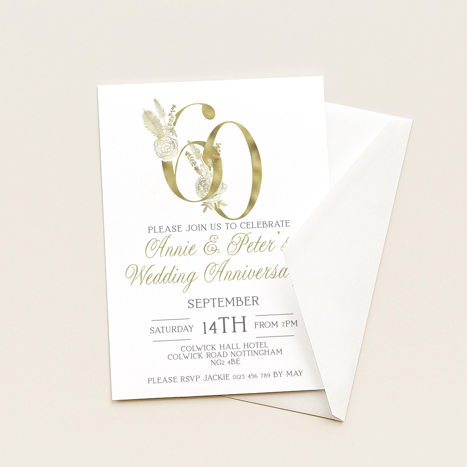 The image is a wedding anniversary invitation featuring a gold and white color scheme.