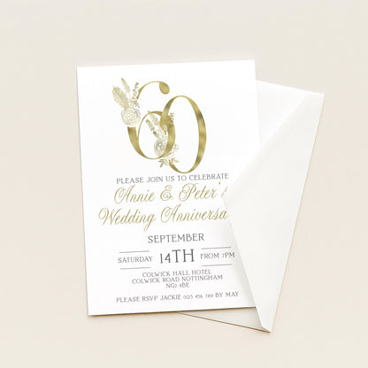 The image is a wedding anniversary invitation featuring a gold and white color scheme.