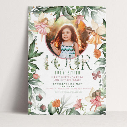 The image is a birthday invitation featuring a young girl surrounded by a floral border and fairy characters.