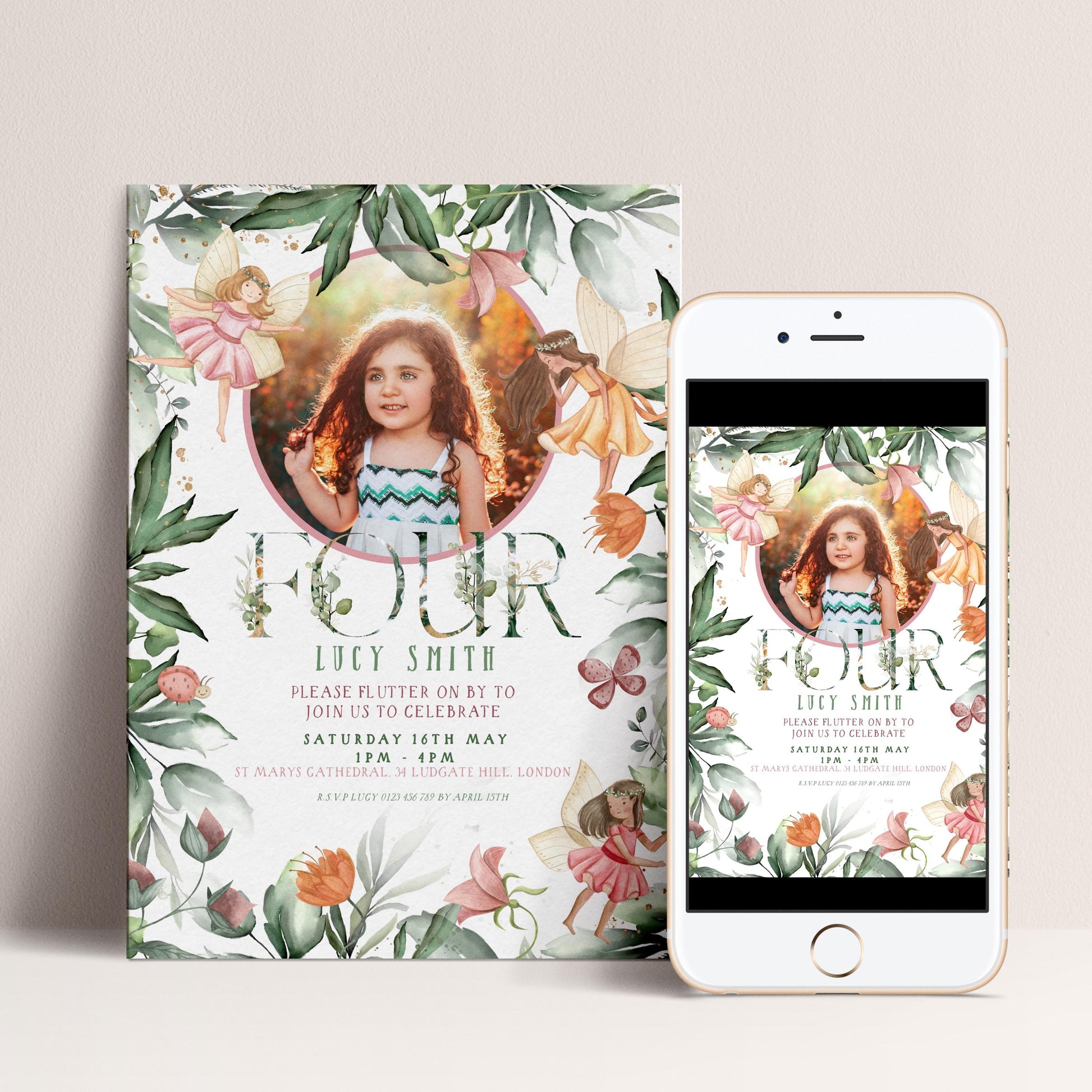 The image is a birthday invitation featuring a young girl surrounded by flowers and butterflies.