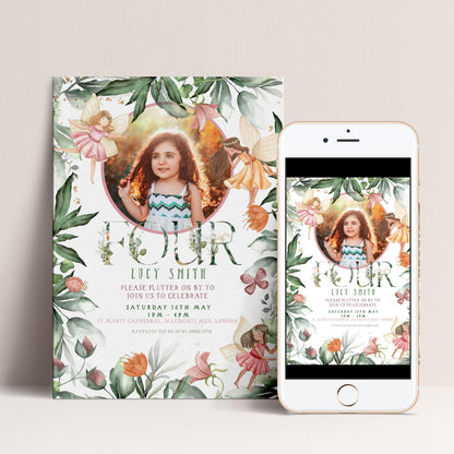 The image is a birthday invitation featuring a young girl surrounded by flowers and butterflies.